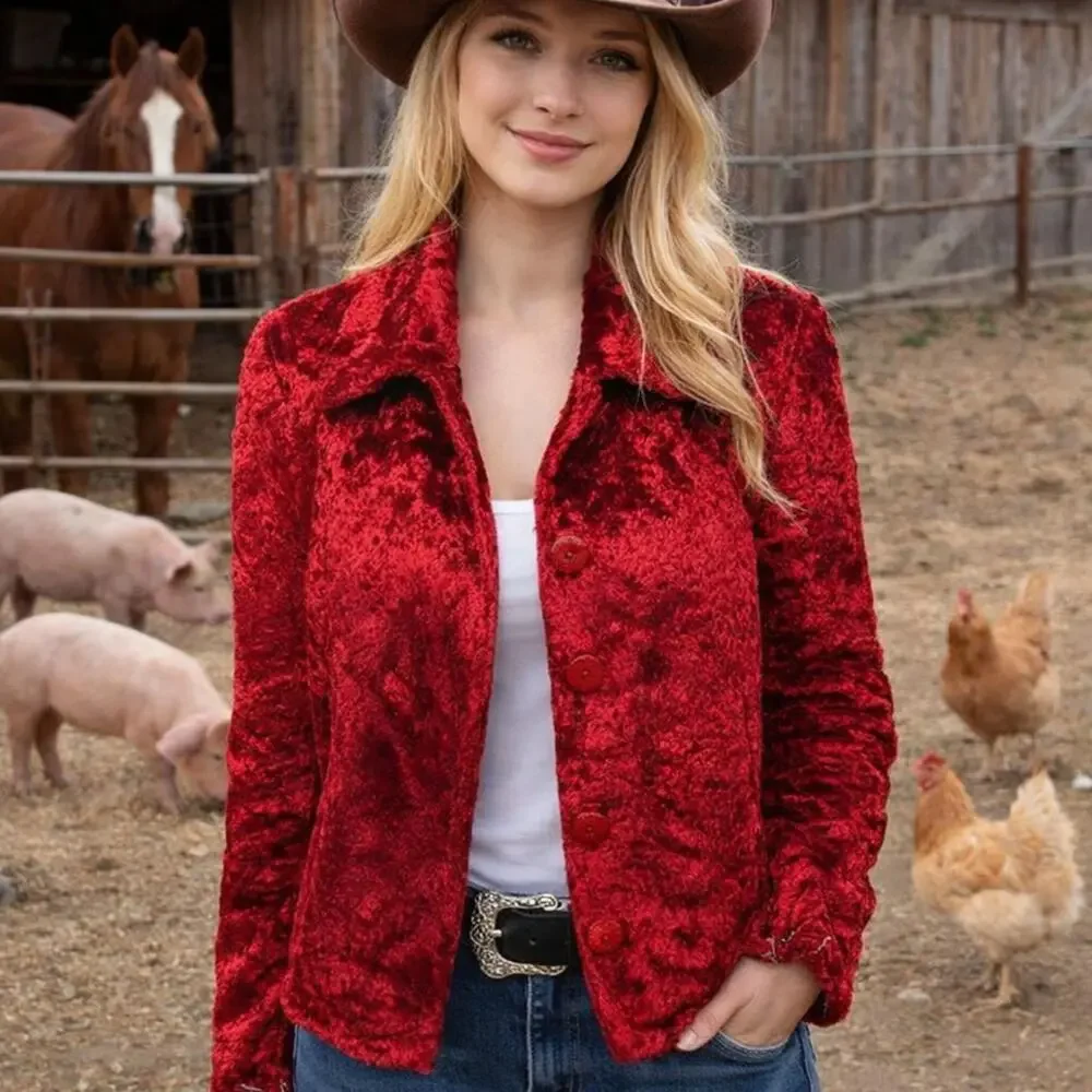 European Boutique Cherry Red Plush Velvet Blazer EU 42 - Picture 3 of 14